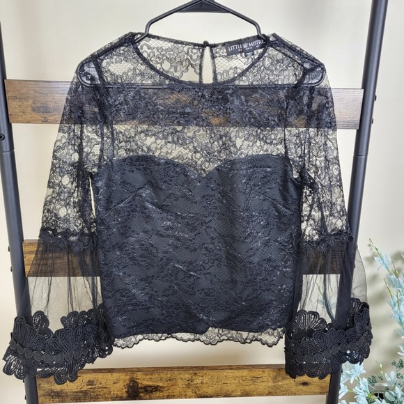 Little Mistress London Carnation black lace flute bell sleeve top size 2 - Picture 2 of 10